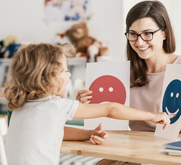 Emotion emoticons used by a psychologist during a therapy session with a child with an autism spectrum disorder.